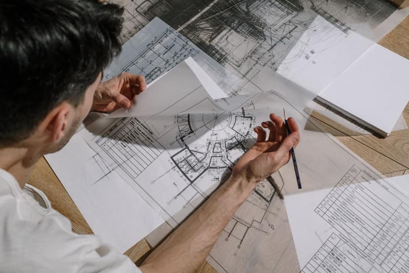 Contractors reviewing drawings on site